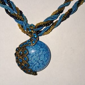 Braided Seed Bead Bronze-Tone Blue Round Peacock Pendant Necklace